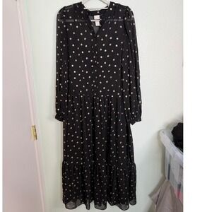 H&M Black Gold Metallic Polka Dot Tiered Midi Dress Long Sleeve Sheer Medium